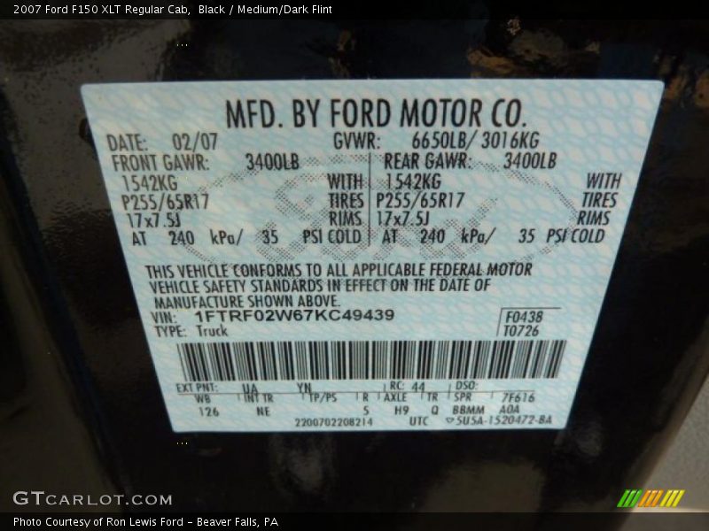 2007 F150 XLT Regular Cab Black Color Code UA