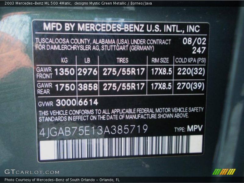 2003 ML 500 4Matic designo Mystic Green Metallic Color Code 247