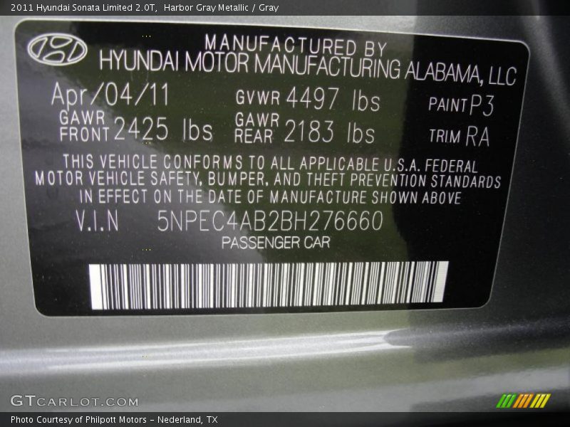Harbor Gray Metallic / Gray 2011 Hyundai Sonata Limited 2.0T