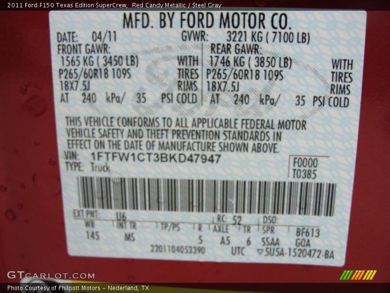 Red Candy Metallic / Steel Gray 2011 Ford F150 Texas Edition SuperCrew