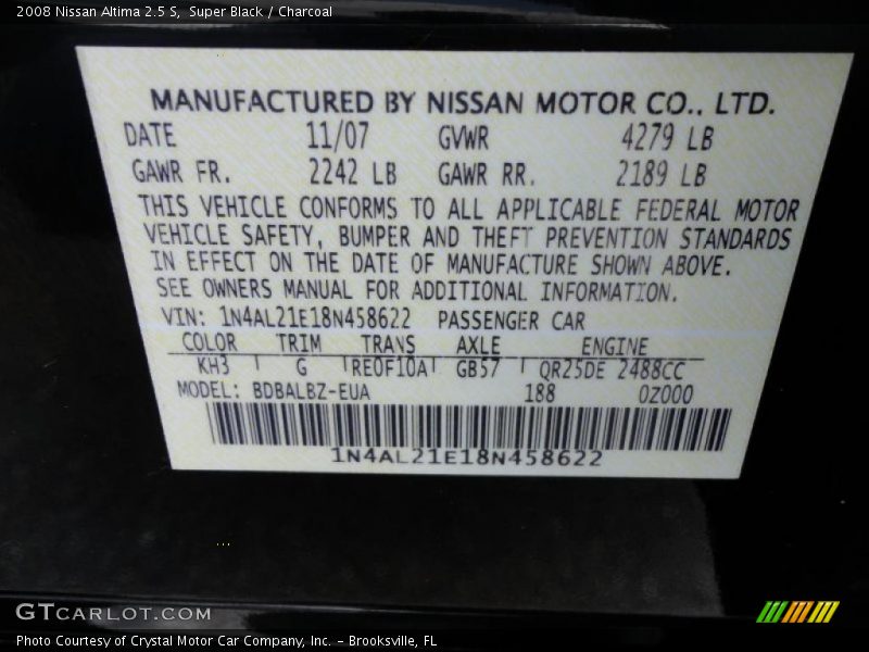 Super Black / Charcoal 2008 Nissan Altima 2.5 S