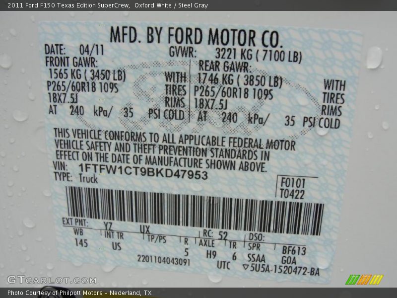 Oxford White / Steel Gray 2011 Ford F150 Texas Edition SuperCrew