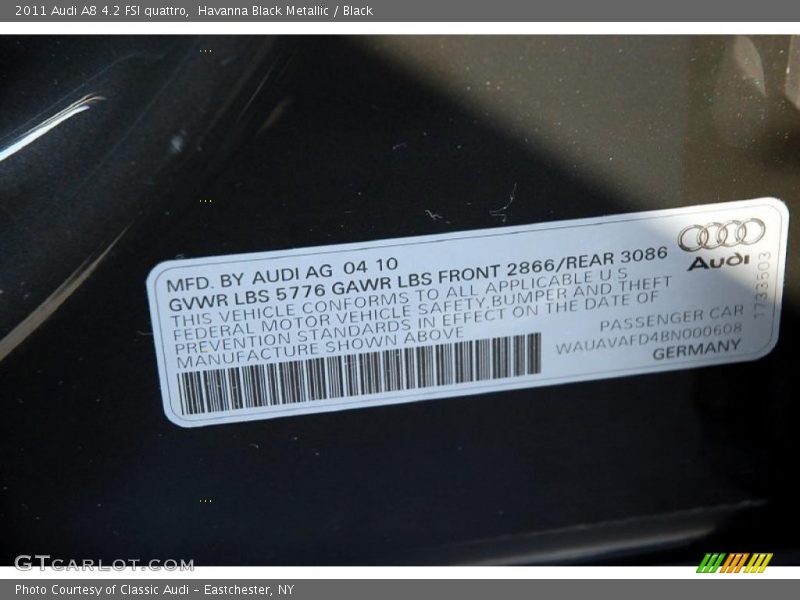 Info Tag of 2011 A8 4.2 FSI quattro