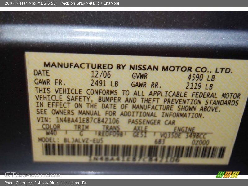 Precision Gray Metallic / Charcoal 2007 Nissan Maxima 3.5 SE