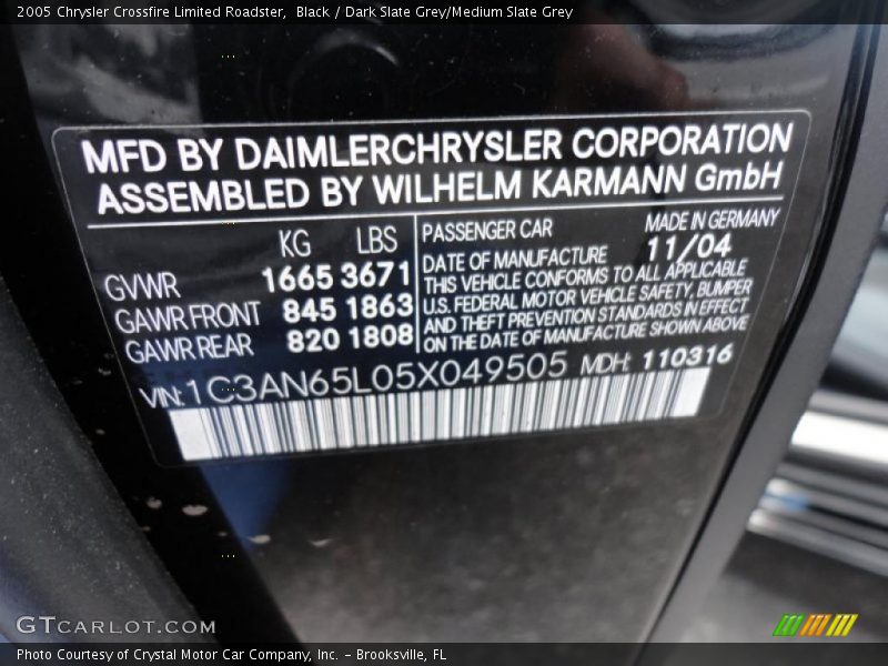 Black / Dark Slate Grey/Medium Slate Grey 2005 Chrysler Crossfire Limited Roadster