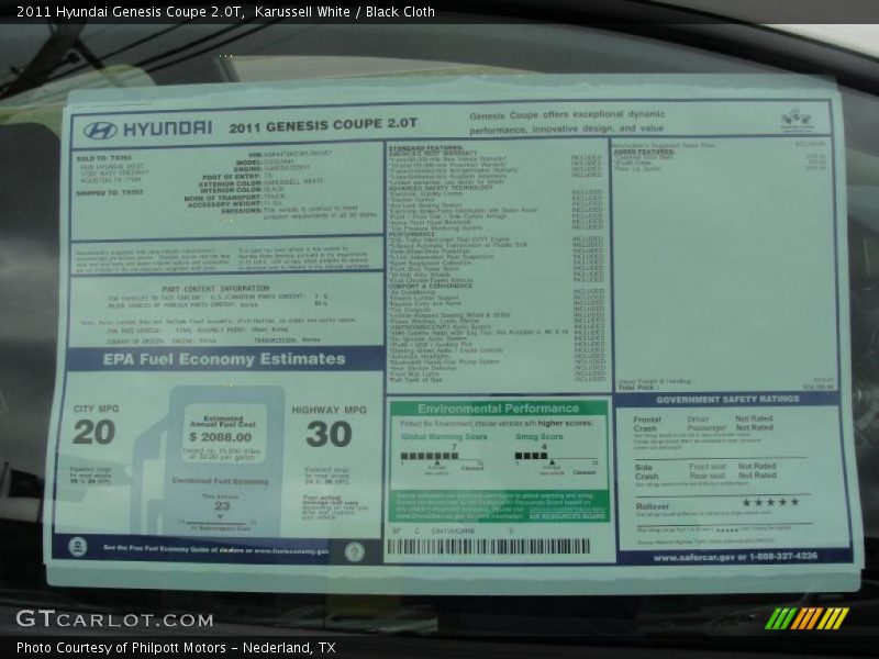  2011 Genesis Coupe 2.0T Window Sticker