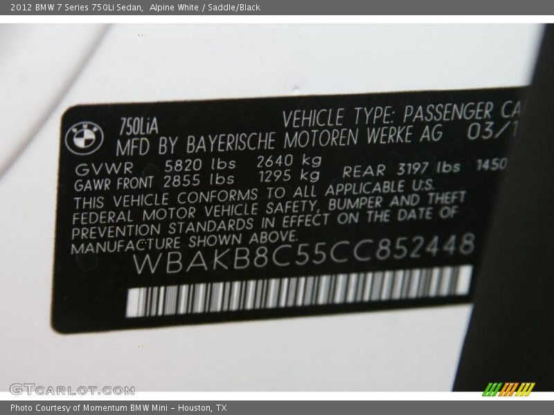 Info Tag of 2012 7 Series 750Li Sedan