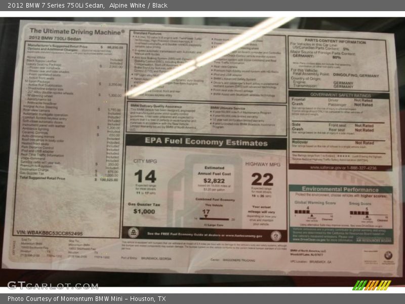  2012 7 Series 750Li Sedan Window Sticker