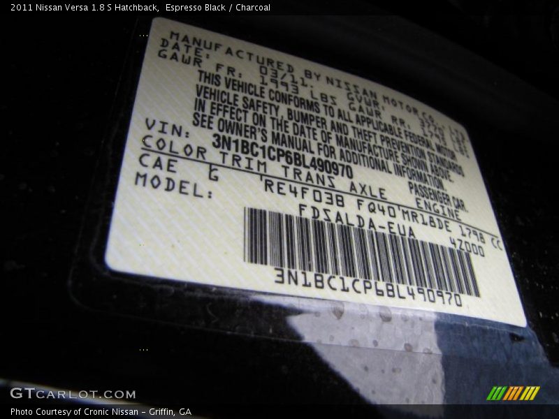 Espresso Black / Charcoal 2011 Nissan Versa 1.8 S Hatchback