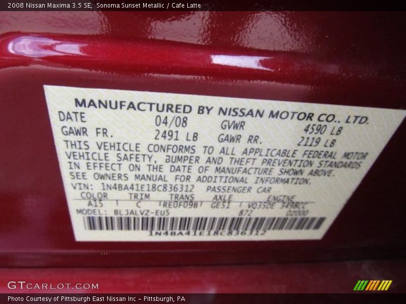 Sonoma Sunset Metallic / Cafe Latte 2008 Nissan Maxima 3.5 SE