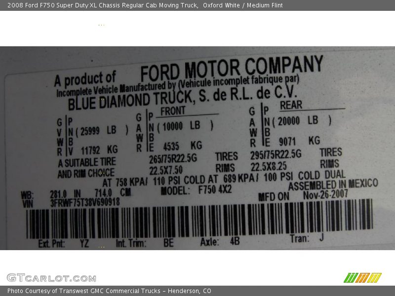2008 F750 Super Duty XL Chassis Regular Cab Moving Truck Oxford White Color Code YZ