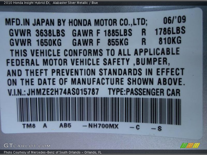 Alabaster Silver Metallic / Blue 2010 Honda Insight Hybrid EX
