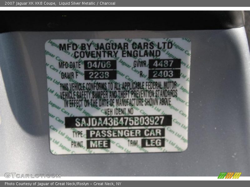 2007 XK XK8 Coupe Liquid Silver Metallic Color Code MEE