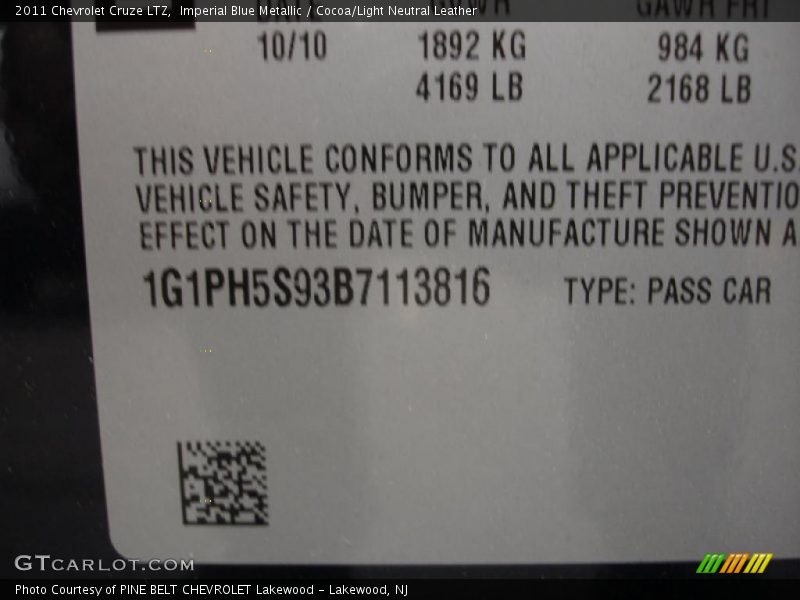Imperial Blue Metallic / Cocoa/Light Neutral Leather 2011 Chevrolet Cruze LTZ
