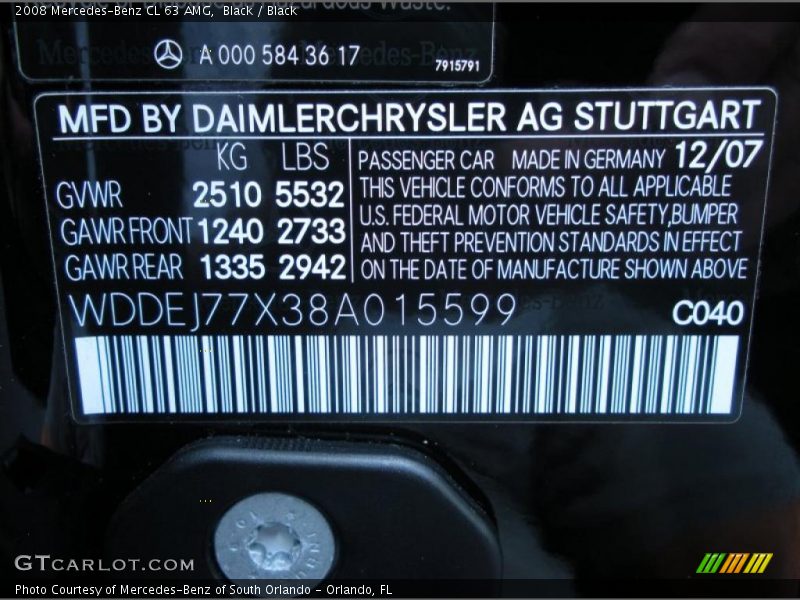 2008 CL 63 AMG Black Color Code 040