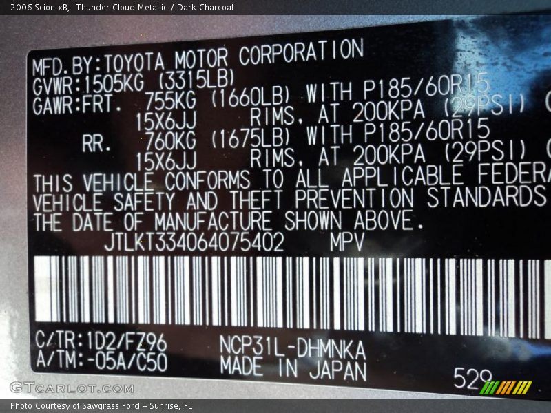 2006 xB  Thunder Cloud Metallic Color Code 1D2