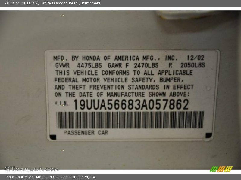 White Diamond Pearl / Parchment 2003 Acura TL 3.2
