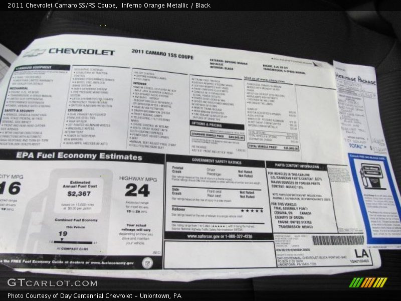  2011 Camaro SS/RS Coupe Window Sticker