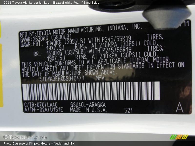 Blizzard White Pearl / Sand Beige 2011 Toyota Highlander Limited