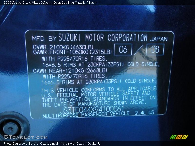 Deep Sea Blue Metallic / Black 2009 Suzuki Grand Vitara XSport