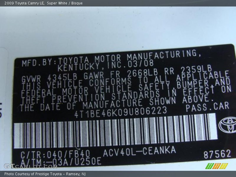 Super White / Bisque 2009 Toyota Camry LE