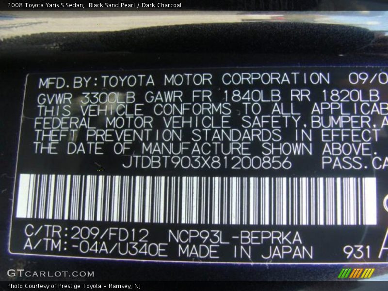 Black Sand Pearl / Dark Charcoal 2008 Toyota Yaris S Sedan