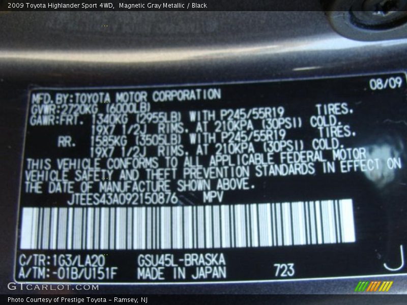 2009 Highlander Sport 4WD Magnetic Gray Metallic Color Code 1G3