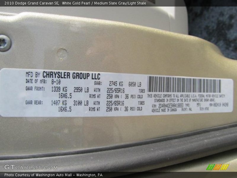 White Gold Pearl / Medium Slate Gray/Light Shale 2010 Dodge Grand Caravan SE