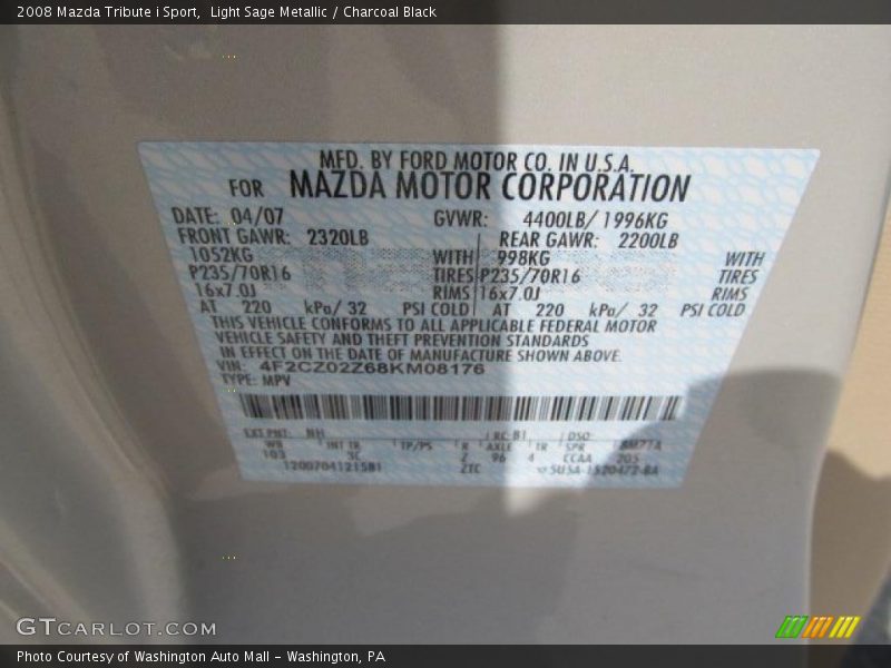 Light Sage Metallic / Charcoal Black 2008 Mazda Tribute i Sport