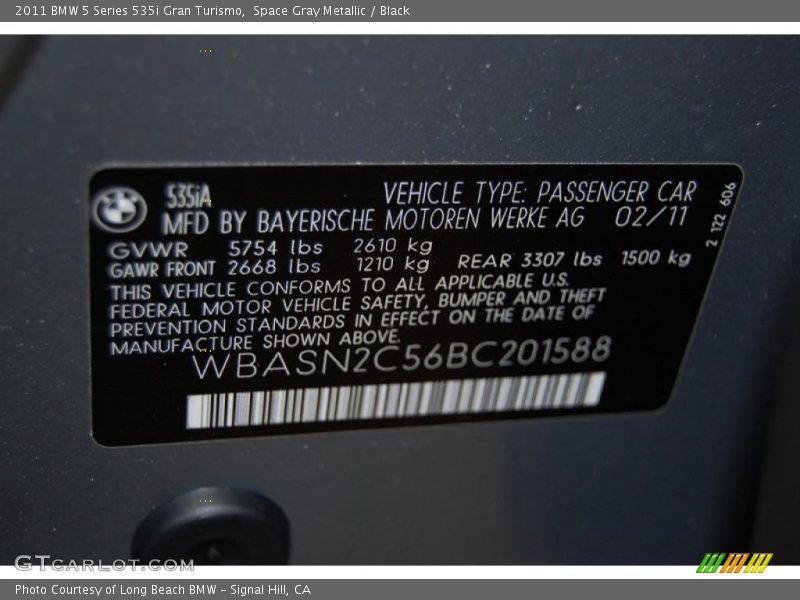Info Tag of 2011 5 Series 535i Gran Turismo