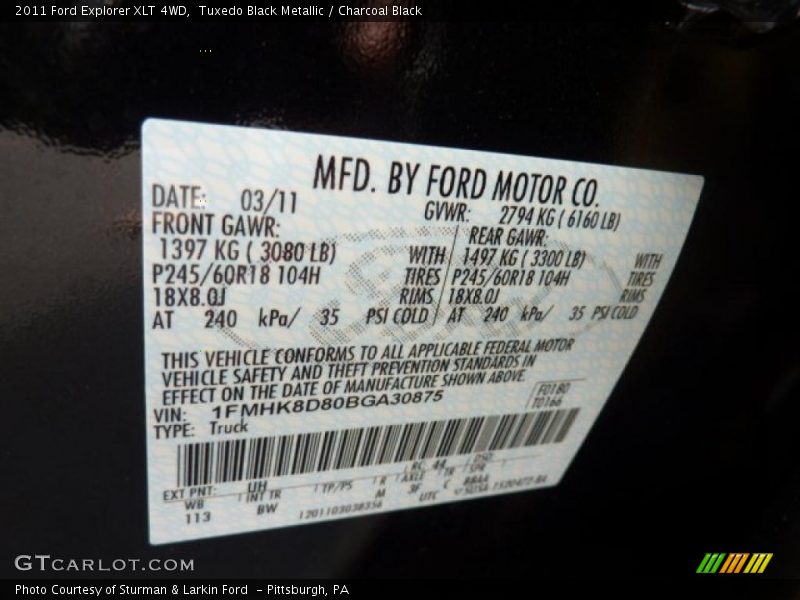 2011 Explorer XLT 4WD Tuxedo Black Metallic Color Code UH