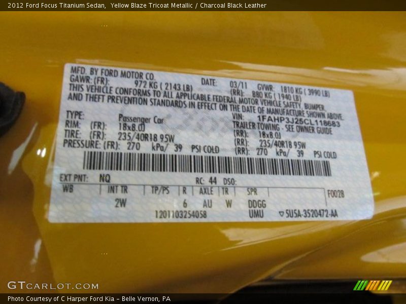 2012 Focus Titanium Sedan Yellow Blaze Tricoat Metallic Color Code NQ