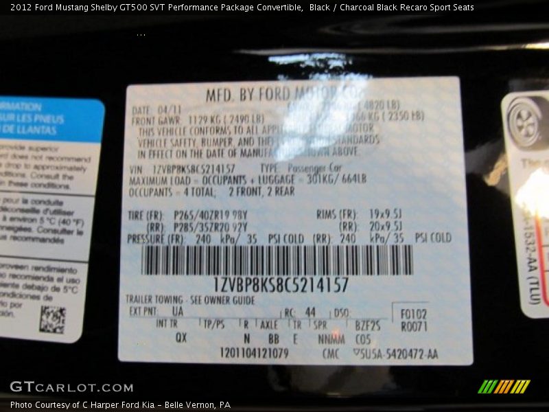 2012 Mustang Shelby GT500 SVT Performance Package Convertible Black Color Code UA