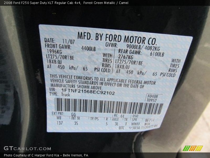 2008 F250 Super Duty XLT Regular Cab 4x4 Forest Green Metallic Color Code GG