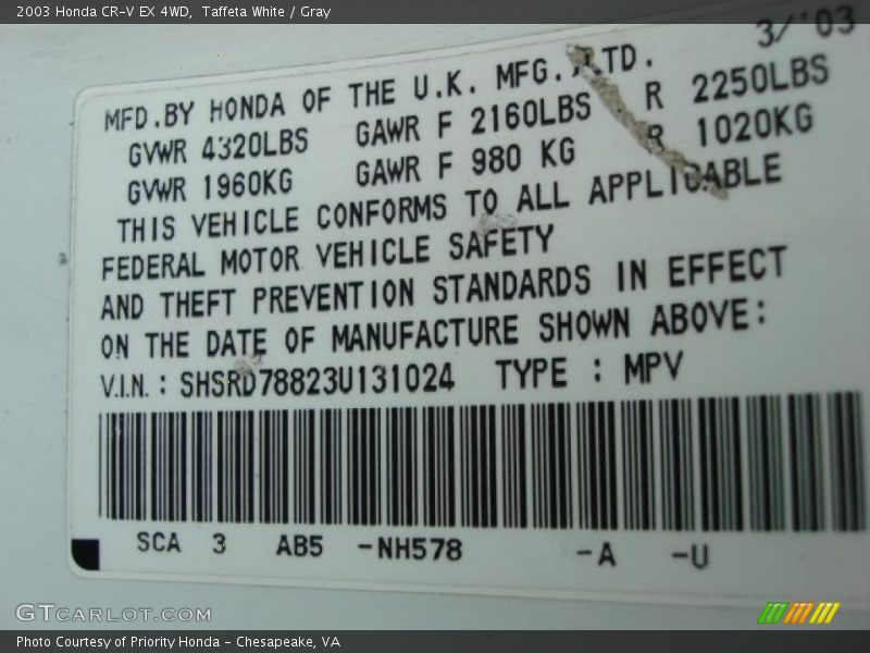 Taffeta White / Gray 2003 Honda CR-V EX 4WD