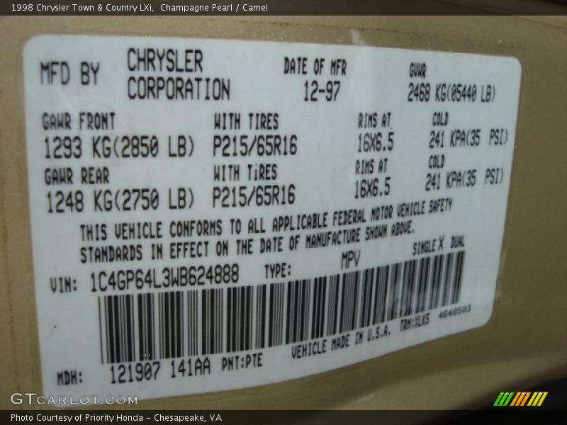 1998 Town & Country LXi Champagne Pearl Color Code PTE