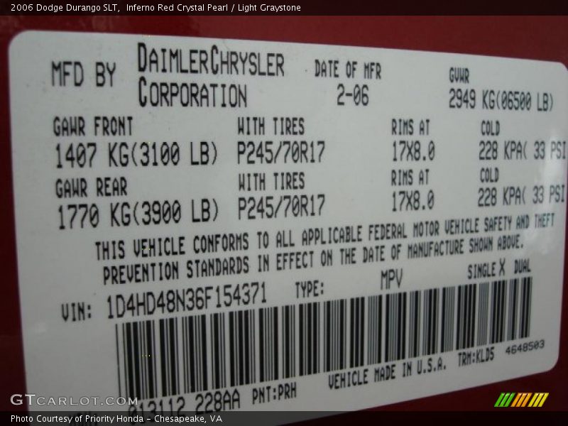 Inferno Red Crystal Pearl / Light Graystone 2006 Dodge Durango SLT