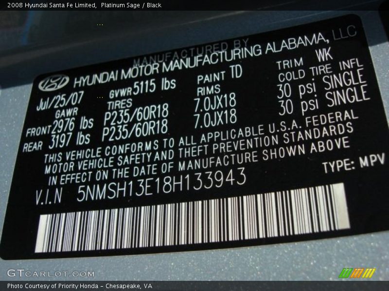 Platinum Sage / Black 2008 Hyundai Santa Fe Limited