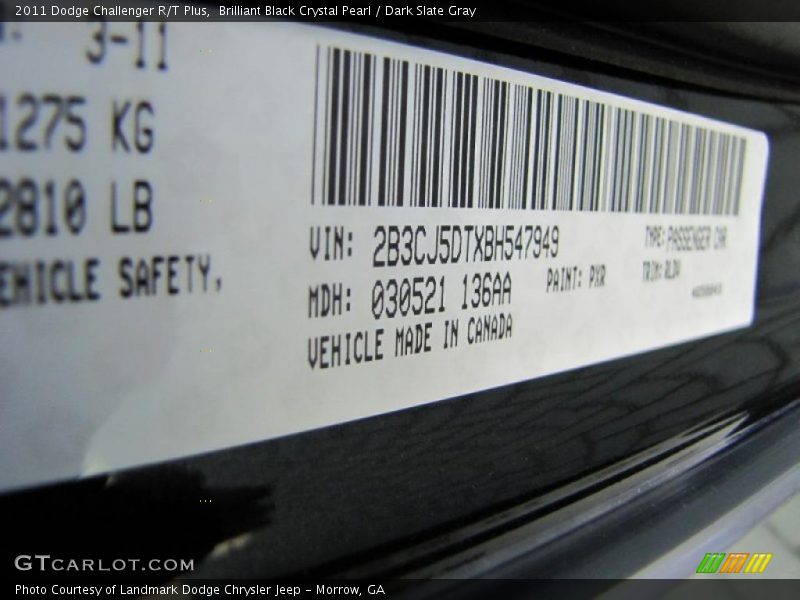 Brilliant Black Crystal Pearl / Dark Slate Gray 2011 Dodge Challenger R/T Plus
