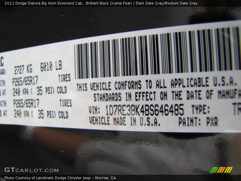 Brilliant Black Crystal Pearl / Dark Slate Gray/Medium Slate Gray 2011 Dodge Dakota Big Horn Extended Cab