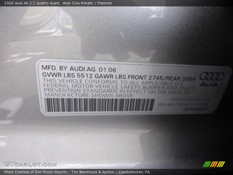 Atlas Grey Metallic / Platinum 2006 Audi A6 3.2 quattro Avant