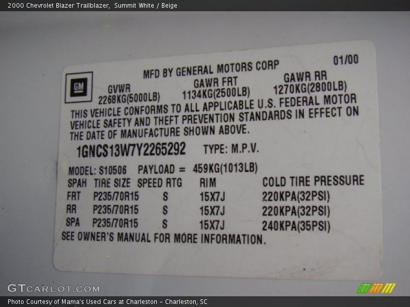 Summit White / Beige 2000 Chevrolet Blazer Trailblazer