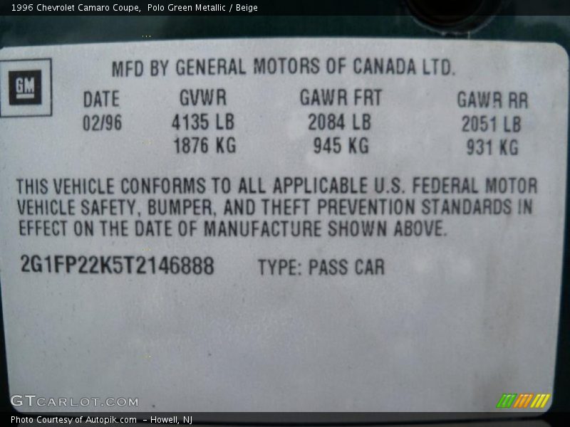 Info Tag of 1996 Camaro Coupe