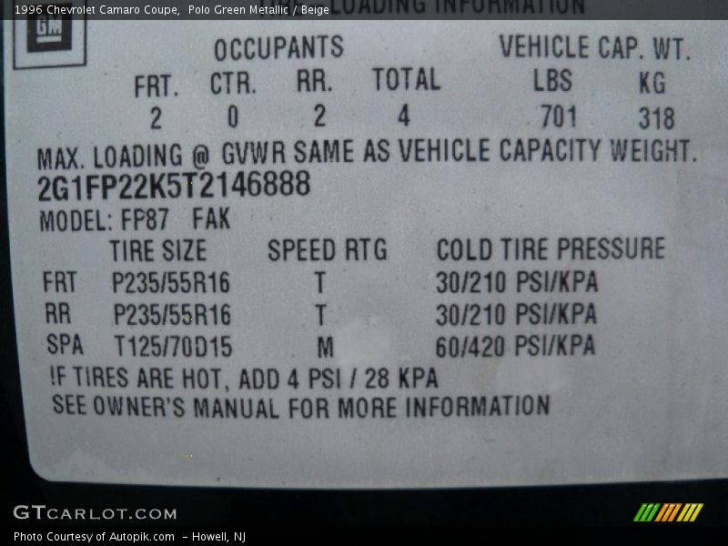 Info Tag of 1996 Camaro Coupe