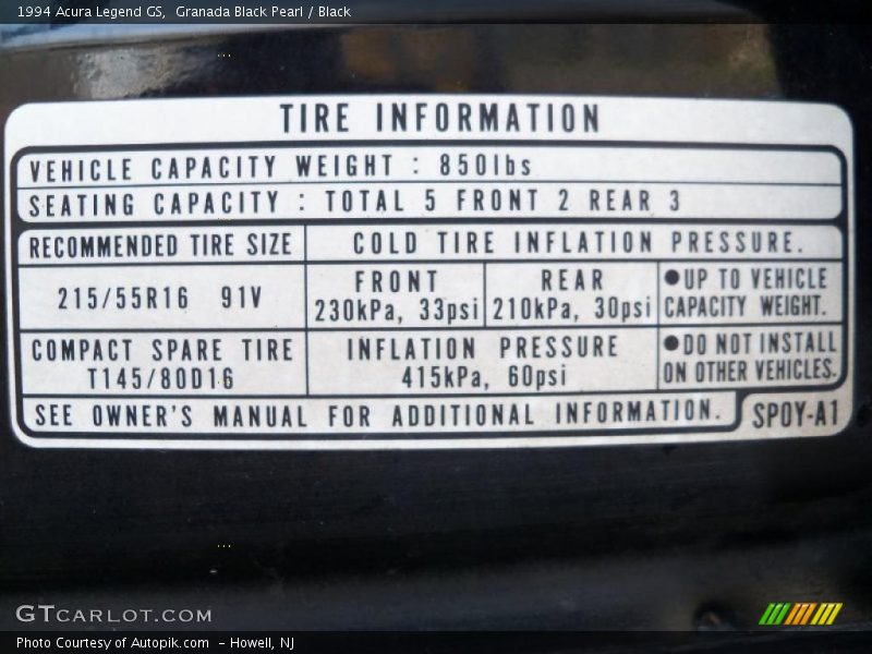 Info Tag of 1994 Legend GS