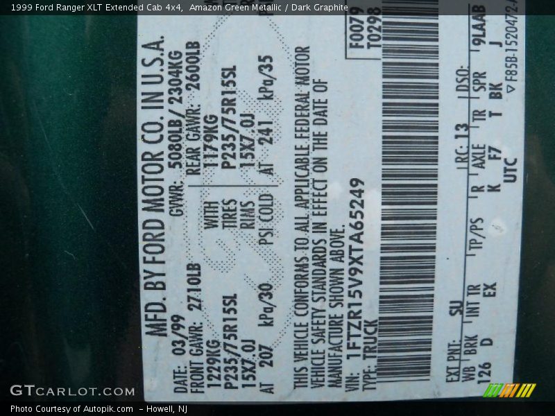 1999 Ranger XLT Extended Cab 4x4 Amazon Green Metallic Color Code SU