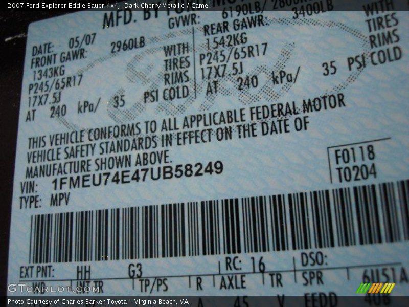 Dark Cherry Metallic / Camel 2007 Ford Explorer Eddie Bauer 4x4