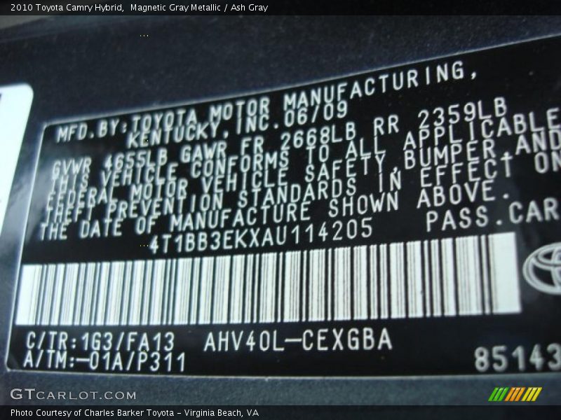 2010 Camry Hybrid Magnetic Gray Metallic Color Code 1G3