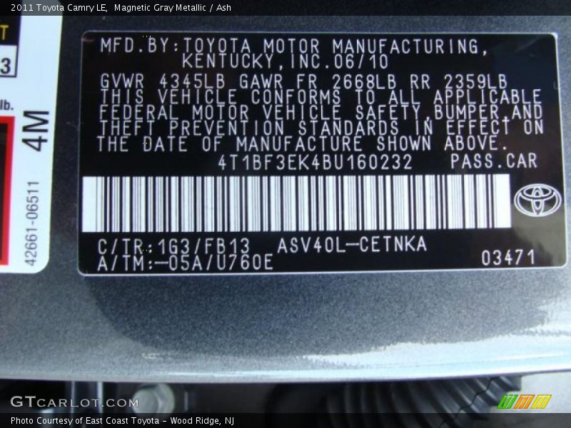 Magnetic Gray Metallic / Ash 2011 Toyota Camry LE