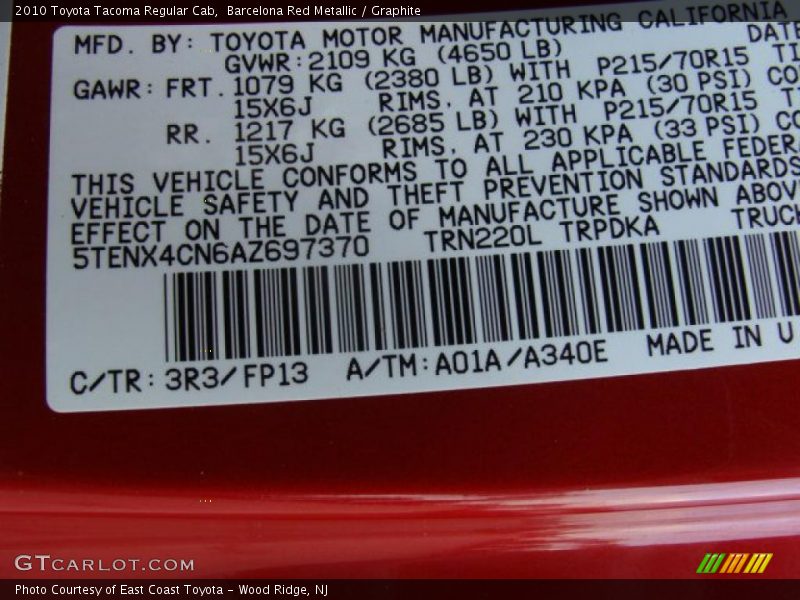 Barcelona Red Metallic / Graphite 2010 Toyota Tacoma Regular Cab